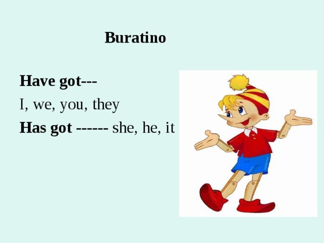 Buratino Have got--- I, we, you, they Has got ------ she, he, it