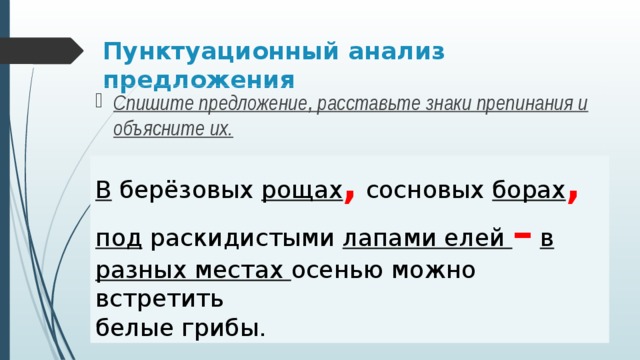 Пунктуационный анализ предложения Спишите предложение, расставьте знаки препинания и объясните их. В берёзовых рощах , сосновых борах ,  под раскидистыми лапами елей –  в разных местах осенью можно встретить белые грибы. 