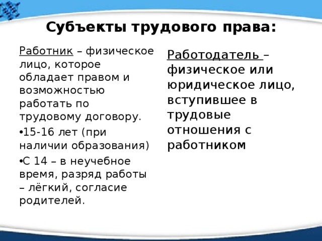 Работник как субъект трудового права презентация