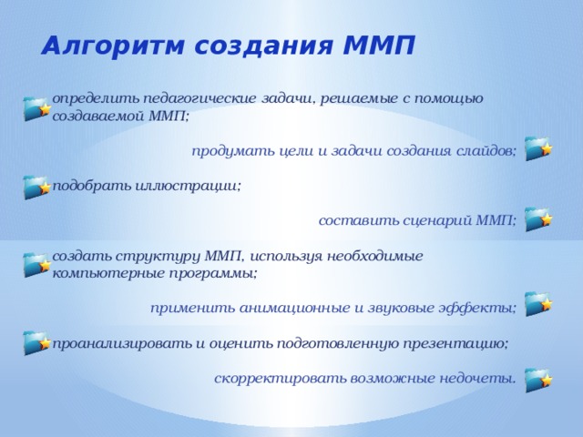 Алгоритм создания ММП определить педагогические задачи, решаемые с помощью создаваемой ММП;  продумать цели и задачи создания слайдов;  подобрать иллюстрации;  составить сценарий ММП;  создать структуру ММП, используя необходимые компьютерные программы;  применить анимационные и звуковые эффекты;  проанализировать и оценить подготовленную презентацию;  скорректировать возможные недочеты. 