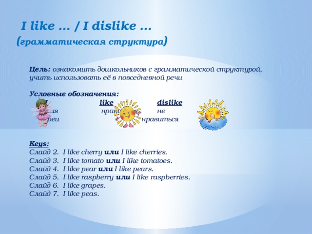  I like … / I dislike … ( грамматическая структура ) Цель: ознакомить дошкольников с грамматической структурой, учить использовать её в повседневной речи  Условные обозначения:  I    like    dislike  имя   нравиться  не  феи      нравиться   Keys: Слайд 2. I like cherry или I like cherries. Слайд 3. I like tomato или I like tomatoes. Слайд 4. I like pear или I like pears. Слайд 5. I like raspberry или I like raspberries. Слайд 6. I like grapes. Слайд 7. I like peas.     