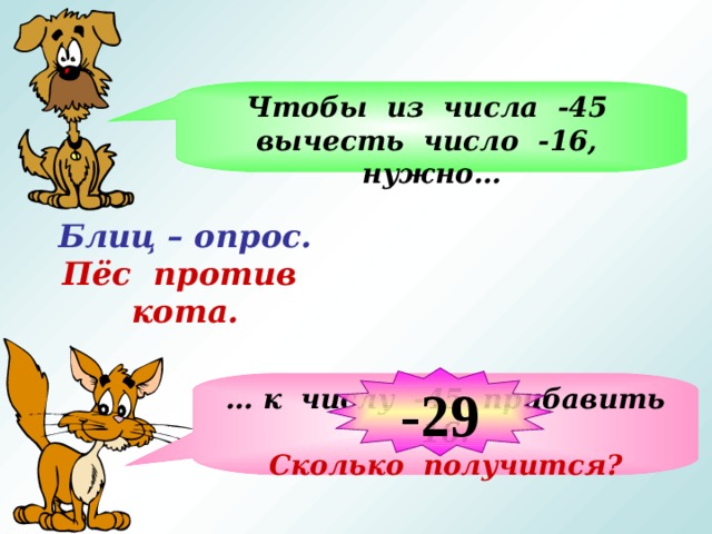 Чтобы из числа -45 вычесть число -16, нужно… Блиц – опрос.  Пёс против кота. На слайде ответ кота запускать после ответов учащихся -29 … к числу -45 прибавить 16. Сколько получится?  