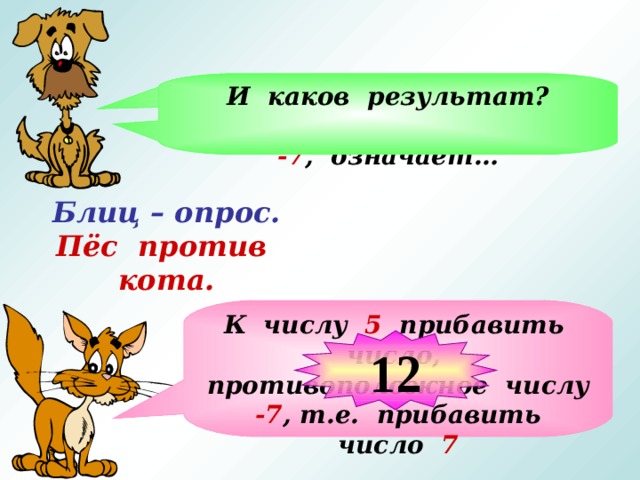 Из числа 5 вычесть число И каков результат? -7 , означает… Блиц – опрос.  Пёс против кота. К числу 5 прибавить число, противоположное числу -7 , т.е. прибавить число 7 На слайде ответ кота запускать после ответов учащихся 12  
