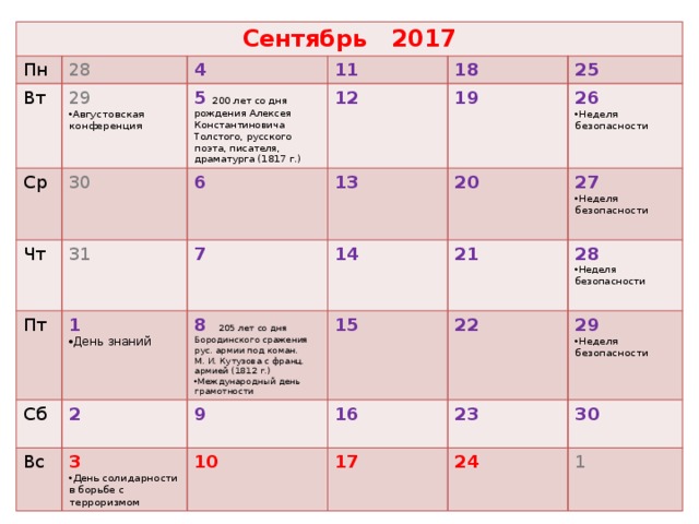 Сентябрь 2017 Пн 28 Вт 29 Ср 4 Чт 30 Августовская конференция 11 5  200 лет со дня рождения Алексея Константиновича Толстого, русского поэта, писателя, драматурга (1817 г.) Пт 31 6 12 18 1 13 Сб 25 7 19 День знаний 20 Вс 14 26 8 205 лет со дня Бородинского сражения рус. армии под коман. М. И. Кутузова с франц. армией (1812 г.) 2 3 15 Международный день грамотности 21 27 Неделя безопасности 9 День солидарности в борьбе с терроризмом 28 22 Неделя безопасности 16 10 29 Неделя безопасности  23 17 Неделя безопасности 24  30   1