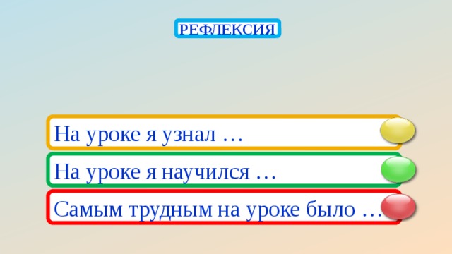 РЕФЛЕКСИЯ На уроке я узнал … На уроке я научился … Самым трудным на уроке было … 