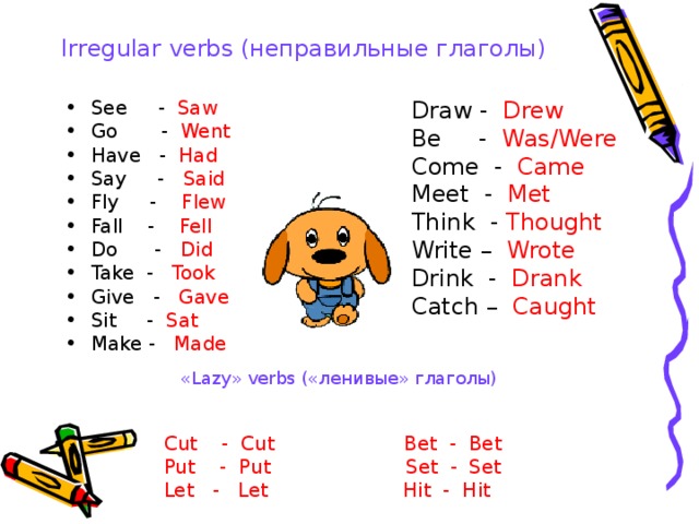 Irregular verbs (неправильные глаголы) See - Saw Go - Went Have - Had Say - Said Fly - Flew Fall - Fell Do - Did Take - Took Give - Gave Sit - Sat Make - Made Draw - Drew Be - Was/Were Come - Came Meet - Met Think - Thought Write – Wrote Drink - Drank Catch – Caught «Lazy» verbs («ленивые» глаголы) Cut - Cut Bet - Bet Put - Put Set - Set Let - Let Hit - Hit 
