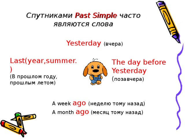 Спутниками Past Simple  часто являются слова  Yesterday  (вчера)   Yesterday  (вчера)   Yesterday  (вчера)   Yesterday  (вчера)   Yesterday  (вчера)  Last(year,summer.) (В прошлом году, прошлым летом) The day before Yesterday ( позавчера) A week ago  (неделю тому назад) A month ago (месяц тому назад) 