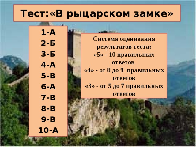Тест:«В рыцарском замке» 1-А 2-Б 3-Б 4-А 5-В 6-А 7-В 8-В 9-В 10-А Система оценивания результатов теста: «5» - 10 правильных ответов «4» - от 8 до 9 правильных ответов «3» - от 5 до 7 правильных ответов 