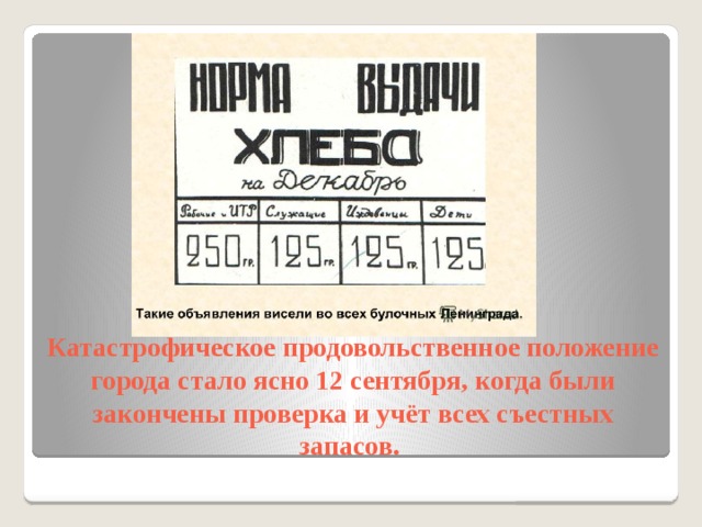 Катастрофическое продовольственное положение города стало ясно 12 сентября, когда были закончены проверка и учёт всех съестных запасов. 