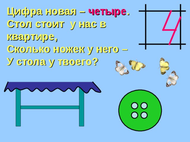 Цифра новая – четыре . Стол стоит у нас в квартире, Сколько ножек у него – У стола у твоего? 