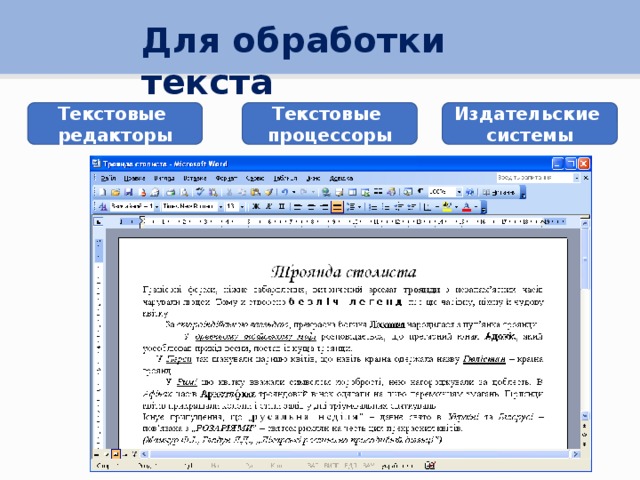 Для обработки текста Текстовые Текстовые Издательские редакторы процессоры системы 