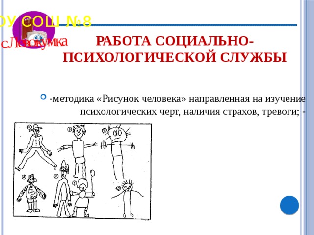 с.Левокумка МБОУ СОШ №8 Работа социально- психологической службы -методика «Рисунок человека» направленная на изучение психологических черт, наличия страхов, тревоги; - 