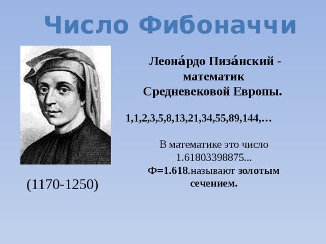 Число Фибоначчи Леона́рдо Пиза́нский - математик Средневековой Европы.   1,1,2,3,5,8,13,21,34,55,89,144,…  В математике это число 1.61803398875... Ф=1.618 .называют  золотым сечением. (1170-1250) 