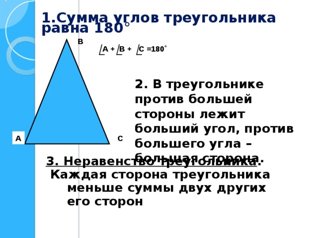 1.Сумма углов треугольника равна 180 ° В А + В + С =180˚ 2. В треугольнике против большей стороны лежит больший угол, против большего угла – большая сторона. А С 3. Неравенство треугольника .  Каждая сторона треугольника меньше суммы двух других его сторон 