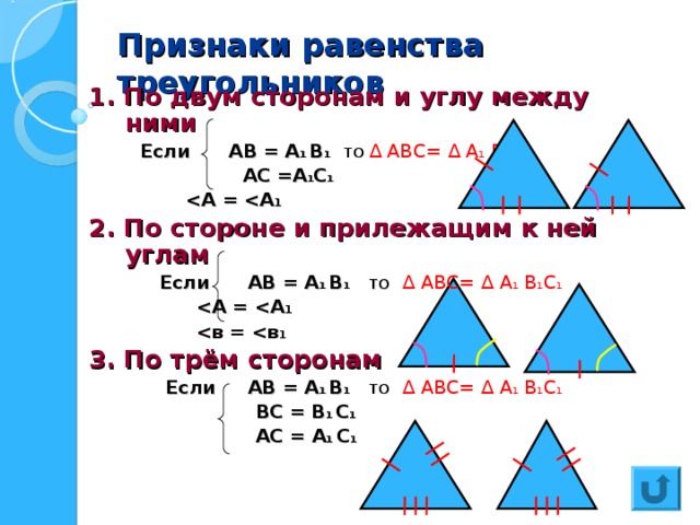 Признаки равенства треугольников 1. По двум сторонам и углу между ними  Если АВ = А 1 В 1  ТО ∆ АВС=  ∆ А 1 В 1 С 1  АС =А 1 С 1   А =  А 1 2. По стороне и прилежащим к ней углам  Если АВ = А 1 В 1  ТО  ∆ АВС=  ∆ А 1 В 1 С 1   А =  А 1   в =  в 1 3. По трём сторонам  Если АВ = А 1 В 1  ТО  ∆ АВС=  ∆ А 1 В 1 С 1  ВС = В 1 С 1  АС = А 1 С 1 
