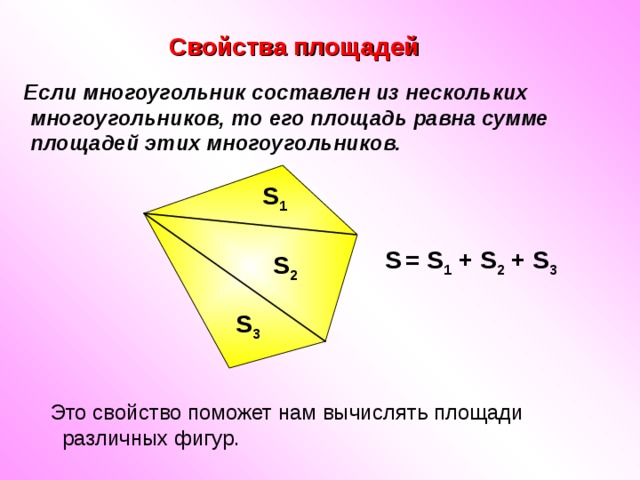  Свойства площадей  Если многоугольник составлен из нескольких многоугольников, то его площадь равна сумме площадей этих многоугольников. S 1 S  = S 1 + S 2 + S 3 S 2 S 3  Это свойство поможет нам вычислять площади различных фигур. 