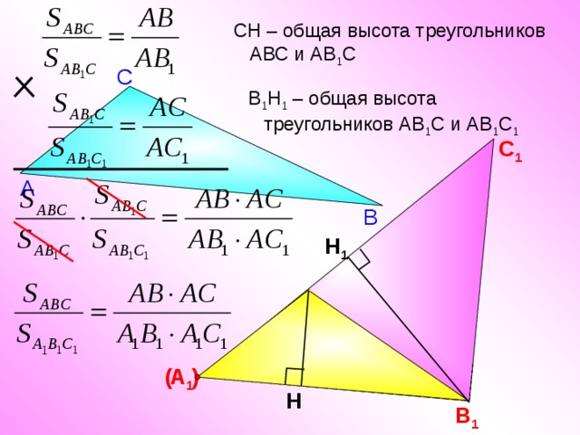  СН – общая высота треугольников АВС и АВ 1 С С  В 1 Н 1 – общая высота треугольников АВ 1 С и АВ 1 С 1 С 1 А В Н 1 1 А 1 ( ) Н В 1 