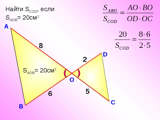 Найти S COD , если S AOB = 20см 2  А 8 D 2 S AOB = 20см 2 O Н.Ф. Гаврилова «Поурочные разработки по геометрии: 8 класс» 5 6 С В 29 