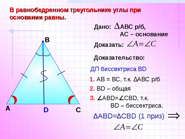 В равнобедренном треугольнике углы при основании равны. Дано: АВС р/б,  АС – основание В Доказать: Доказательство: ДП биссектриса ВD 1. АВ = ВС, т.к. ∆АВС р/б 2. ВD – общая 3.  ∠ ABD= ∠ СВD, т.к.  ВD – биссектриса. А D С ∆ АВD=∆СBD (1 приз) 