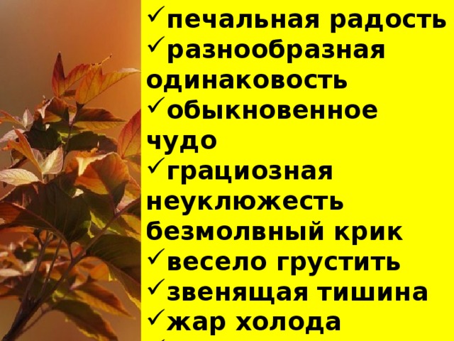 печальная радость разнообразная одинаковость обыкновенное чудо грациозная неуклюжесть  безмолвный крик весело грустить звенящая тишина жар холода долгий миг   