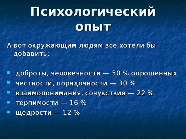 Психологический опыт А вот окружающим людям все хотели бы добавить:  доброты, человечности — 50 % опрошенных  честности, порядочности — 30 %  взаимопонимания, сочувствия — 22 %  терпимости — 16 %  щедрости — 12 %  