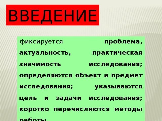 ВВЕДЕНИЕ фиксируется проблема, актуальность, практическая значимость исследования; определяются объект и предмет исследования; указываются цель и задачи исследования; коротко перечисляются методы работы . 