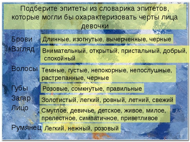 Толковый словарь эпитет. Волосы эпитеты. Черты лица эпитеты. Подобрать эпитеты к слову стена.