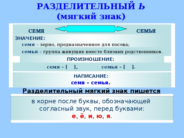 РАЗДЕЛИТЕЛЬНЫЙ Ь  (мягкий знак)  семя – зерно, предназначенное для посева; семья – группа живущих вместе близких родственников. СЕМЯ СЕМЬЯ ЗНАЧЕНИЕ:   ПРОИЗНОШЕНИЕ: семя – [ ], семья – [ ]. НАПИСАНИЕ: семя – семья. Разделительный мягкий знак пишется в корне после буквы, обозначающей согласный звук, перед буквами: е , ё , и , ю , я .  