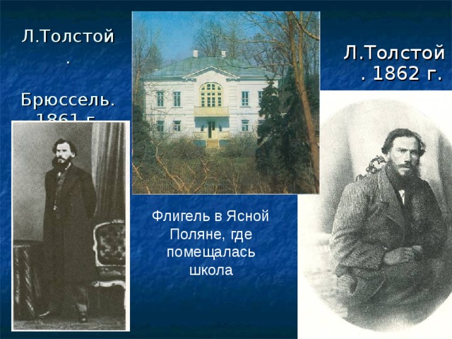 Л.Толстой.  Брюссель.  1861 г. Л.Толстой. 1862 г. Флигель в Ясной Поляне, где помещалась школа 