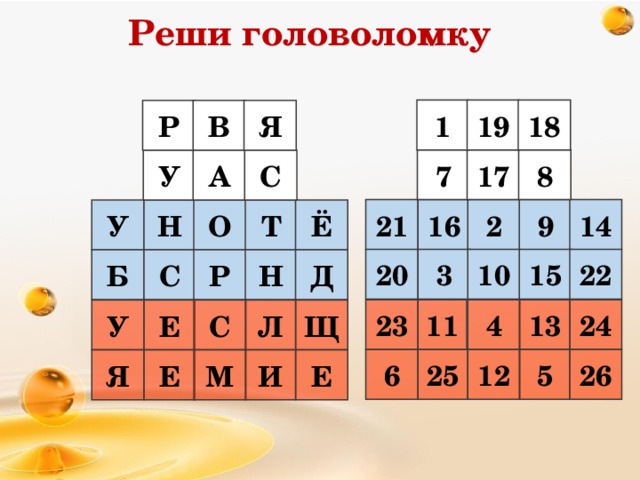 Реши головоломку 18 19 1 Я В Р 8 17 7 У С А 21 14 9 2 16 Н О Т Ё У 15 10 3 20 22 Д Б С Р Н 24 13 23 11 4 У Е Л Щ С 6 25 12 5 26 Е Я Е М И 