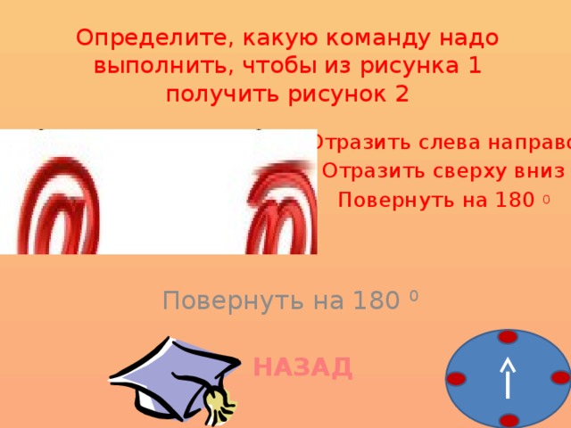 В каких случаях следует использовать такой рисунок. Отразить слева направо. Отразить сверху вниз. Какую команду следует применить к рисунку 1, чтобы получить рисунок 2?. Какую команду следует применить к рисунку 1.