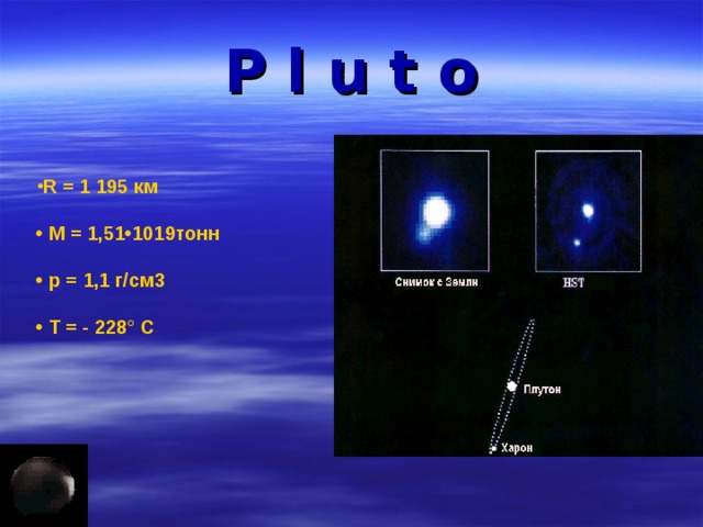 P l u t o R = 1 195 км   • М = 1,51•1019тонн   • p = 1,1 г/см3   • Т = - 228° С   