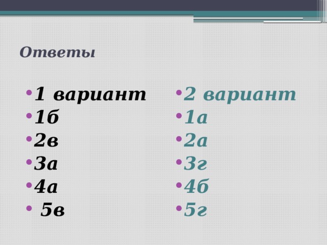 Ответы   1 вариант 1б 2в 3а 4а  5в 2 вариант 1а 2а 3г 4б 5г