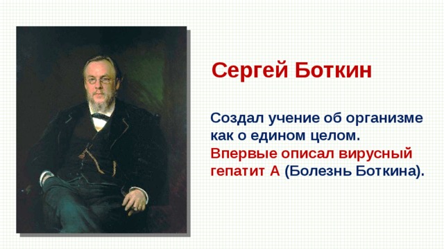 Сергей Боткин Создал учение об организме как о едином целом. Впервые описал вирусный гепатит А (Болезнь Боткина). 