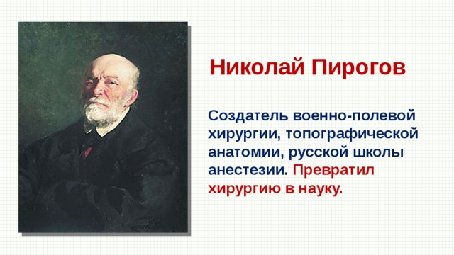 Николай Пирогов Создатель военно-полевой хирургии, топографической анатомии, русской школы анестезии. Превратил хирургию в науку. 