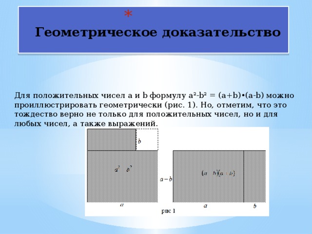  Геометрическое доказательство Для положительных чисел a и b формулу a²-b² = (a+b)•(a-b) можно проиллюстрировать геометрически (рис. 1). Но, отметим, что это тождество верно не только для положительных чисел, но и для любых чисел, а также выражений. 