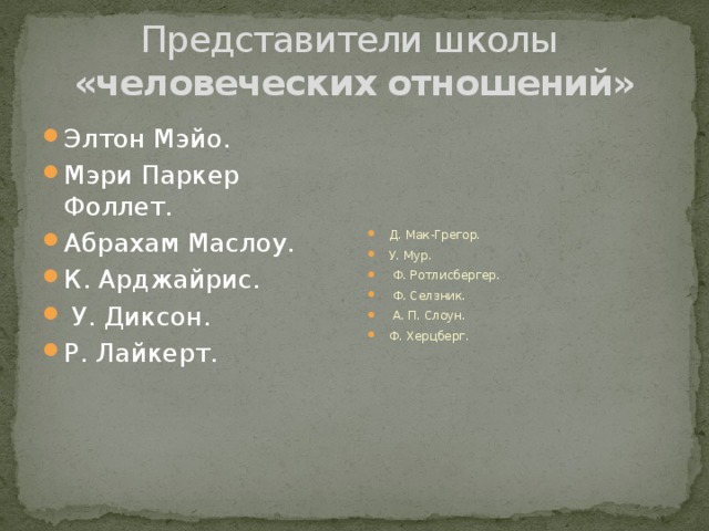 Представители школы   «человеческих отношений» Элтон Мэйо. Мэри Паркер Фоллет. Абрахам Маслоу. К. Арджайрис.  У. Диксон. Р. Лайкерт. Д. Мак-Грегор. У. Мур.  Ф. Ротлисбергер.  Ф. Селзник.  А. П. Слоун. Ф. Херцберг. 