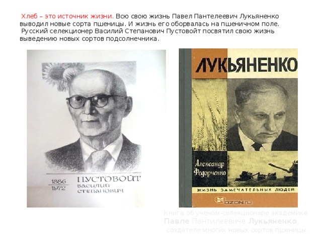  Хлеб – это источник жизни. Всю свою жизнь Павел Пантелеевич Лукьяненко выводил новые сорта пшеницы. И жизнь его оборвалась на пшеничном поле.  Русский селекционер Василий Степанович Пустовойт посвятил свою жизнь выведению новых сортов подсолнечника.     Книга об ученом-селекционере академике Павле Пантилеевиче Лукьяненко ,  создателе многих новых сортов пшеницы.  