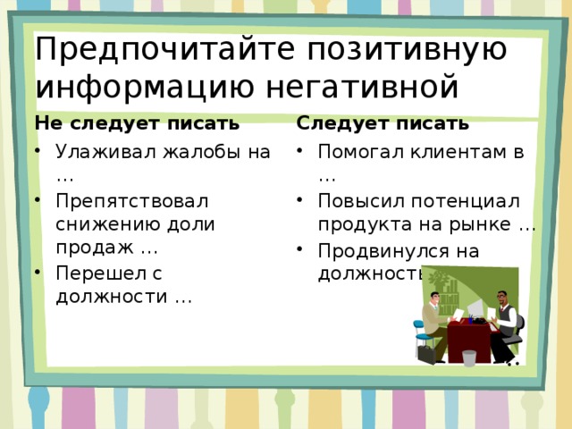 Предпочитайте позитивную информацию негативной Не следует писать Следует писать