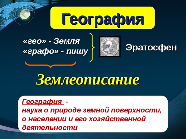 География «гео» - Земля Эратосфен «графо» - пишу Землеописание География - наука о природе земной поверхности, о населении и его хозяйственной деятельности  