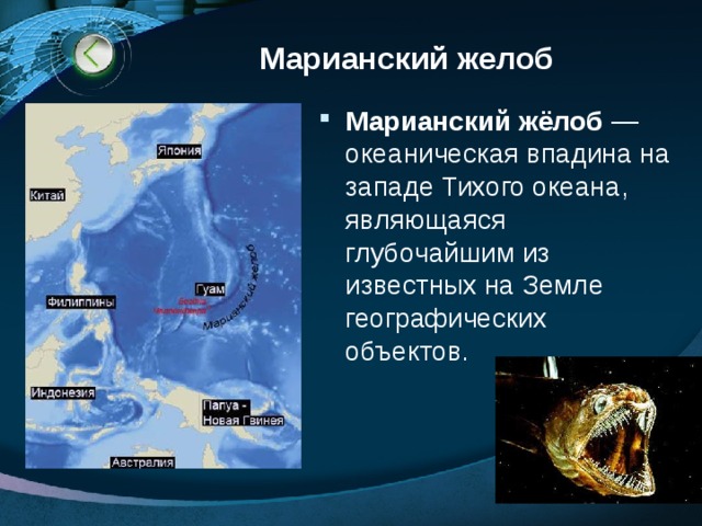 Марианский желоб Марианский жёлоб  — океаническая впадина на западе Тихого океана, являющаяся глубочайшим из известных на Земле географических объектов. 