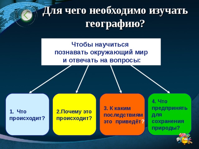 Для чего необходимо изучать географию? Чтобы научиться познавать окружающий мир  и отвечать на вопросы: 4 . Что предпринять для сохранения природы? Что 2.Почему это происходит? 3. К каким последствиям это приведёт ? происходит? 