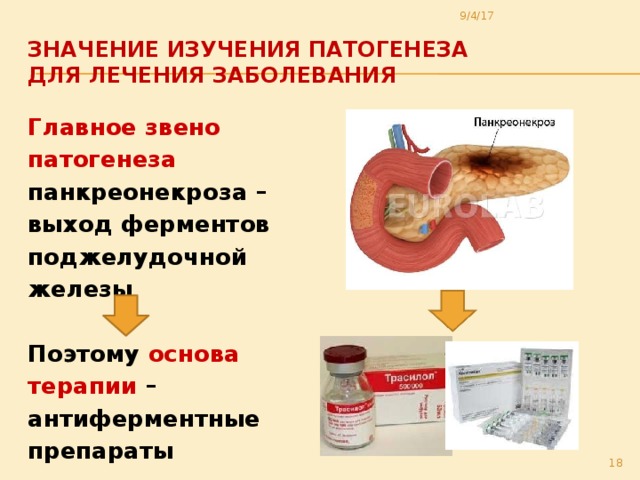 9/4/17 Значение изучения патогенеза  для лечения заболевания Главное звено патогенеза панкреонекроза – выход ферментов поджелудочной железы Поэтому основа терапии – антиферментные препараты  