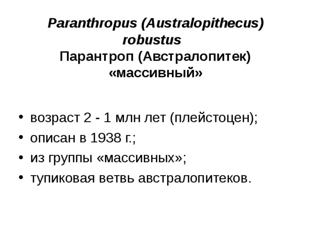 Paranthropus ( Australopithecus ) robustus Парантроп (Австралопитек) «массивный» возраст 2 - 1 млн лет (плейстоцен); описан в 1938 г.; из группы «массивных»; тупиковая ветвь австралопитеков.