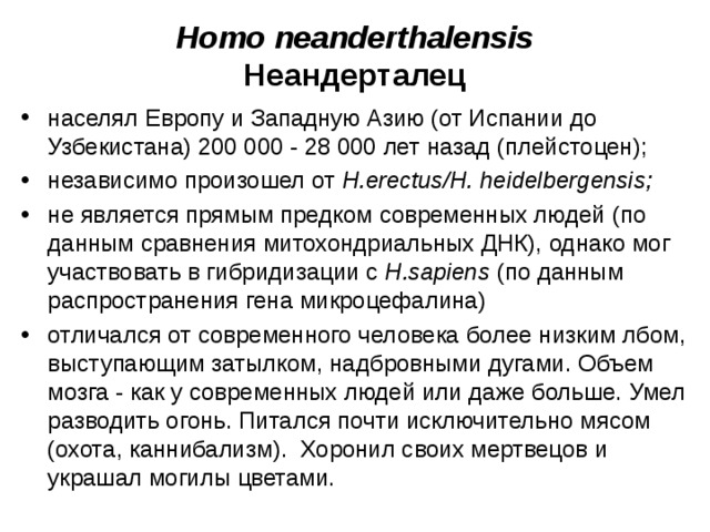 Homo neanderthalensis Неандерталец населял Европу и Западную Азию (от Испании до Узбекистана) 200 000 - 28 000 лет назад (плейстоцен); независимо произошел от H.erectus/H. heidelbergensis; не является прямым предком современных людей ( по данным сравнения митохондриальных ДНК), однако мог участвовать в гибридизации с H.sapiens ( по данным распространения гена микроцефалина) отличался от современного человека более низким лбом, выступающим затылком, надбровными дугами. Объем мозга - как у современных людей или даже больше. Умел разводить огонь. Питался почти исключительно мясом (охота, каннибализм). Хоронил своих мертвецов и украшал могилы цветами.
