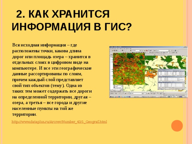 2. КАК ХРАНИТСЯ ИНФОРМАЦИЯ В ГИС?    Вся исходная информация – где расположены точки, какова длина дорог или площадь озера – хранится в отдельных слоях в цифровом виде на компьютере. И все эти географические данные рассортированы по слоям, причем каждый слой представляет свой тип объектов (тему). Одна из таких тем может содержать все дороги на определенной территории, другая – озера, а третья – все города и другие населенные пункты на той же территории . http:// www.dataplus.ru/Arcrev/Number_43/1_Geograf.html