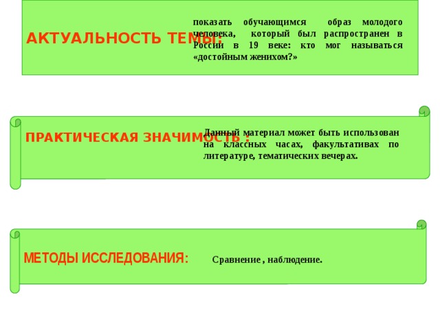 АКТУАЛЬНОСТЬ ТЕМЫ: Данный материал может быть использован на классных часах, факультативах по литературе, тематических вечерах. показать обучающимся образ молодого человека, который был распространен в России в 19 веке: кто мог называться «достойным женихом?»  ПРАКТИЧЕСКАЯ ЗНАЧИМОСТЬ :      МЕТОДЫ ИССЛЕДОВАНИЯ: Сравнение , наблюдение. 