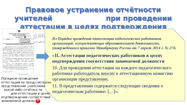 Правовое устранение отчётности учителей при проведении аттестации в целях подтверждения соответствия занимаемой должности Из Порядка проведения аттестации педагогических работников организаций, осуществляющих образовательную деятельность, утверждённого приказом Минобрнауки России от 7 апреля 2014 г. № 276: « II. Аттестация педагогических работников в целях подтверждения соответствия занимаемой должности  10. Для проведения аттестации на каждого педагогического работника работодатель вносит в аттестационную комиссию организации представление. 11. В представлении содержатся следующие сведения о педагогическом работнике: […]». Порядком проведения аттестации не предусмотрено представление учителями какой-либо отчётности для аттестации в целях подтверждения соответствия занимаемой должности  