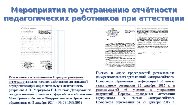 Мероприятия по устранению отчётности педагогических работников при аттестации Письмо в адрес председателей региональных (межрегиональных) организаций Общероссийского Профсоюза образования с информацией об итогах селекторного совещания 22 декабря 2015 г. и рекомендацией об участии в устранении нарушений Порядка проведения аттестации (Куприянова Т.В., письмо Общероссийского Профсоюза образования от 29 декабря 2015 г. № 572) Разъяснения по применению Порядка проведения аттестации педагогических работников организаций, осуществляющих образовательную деятельность (Зырянова А.В., Меркулова Г.И., письмо Департамента государственной политики в сфере общего образования Минобрнауки России и Общероссийского Профсоюза образования от 3 декабря 2014 г. № 08-1933/505)  