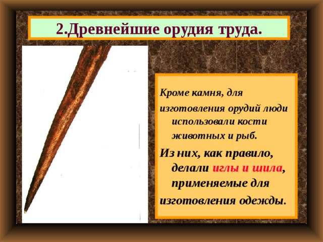 2.Древнейшие орудия труда. Кроме камня, для изготовления орудий люди использовали кости животных и рыб . Из них, как правило, делали иглы и шила , применяемые для изготовления одежды. 